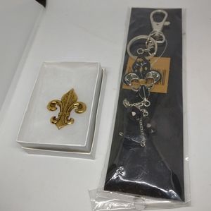 Lot of 2 Fleur-de-Lis Items Windhorse Ring Keychain And Antique Look Pin/ Brooch